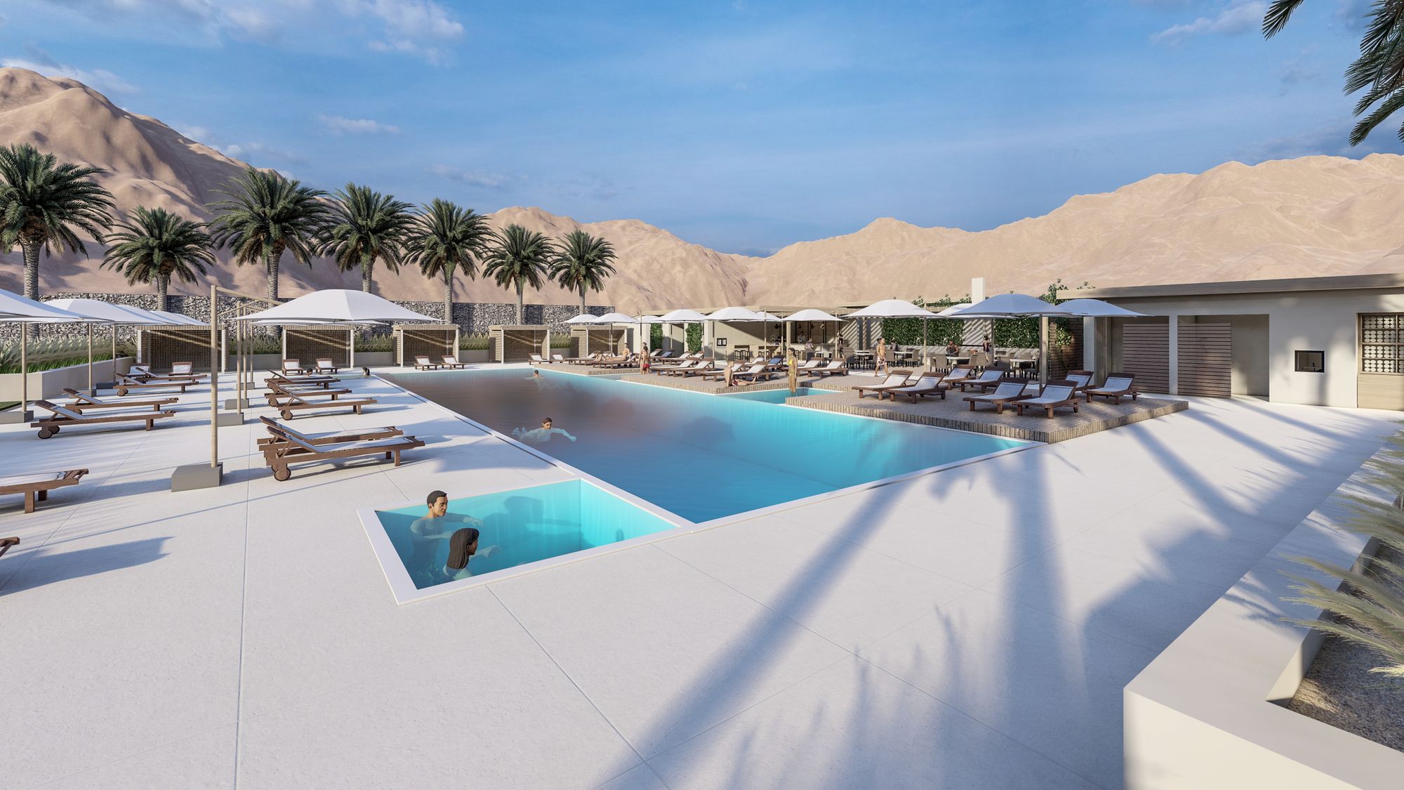 Rendering of Civana Retreat's pool deck: a long pool with a plunge pool, lounge chairs and umbrellas, palms and desert mountains behind