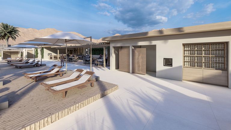Rendering of the Civana Retreat poolside cabana building, with a raised wood deck and lounge chairs