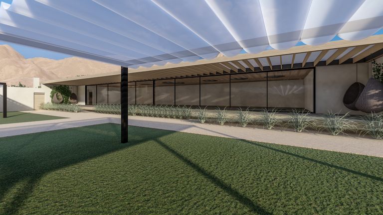 Rendering of a lawn at Civana Retreat under fabric shade sails, facing a glass-walled studio building